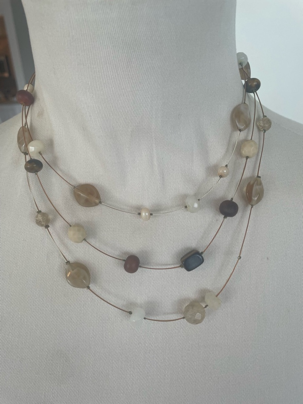 Chico’s 3 Strand Necklace Tiger’s Eye, Agates and Wooden Beads Boho NNT